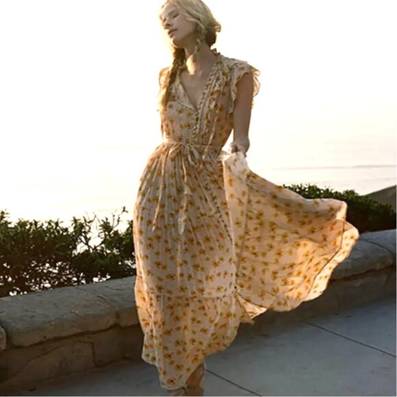Doen Dresses & Skirts - Doen Carnation Floral Ruffle Belted Tie Waist Maxi Dress Costal Boho Yellow Sz S